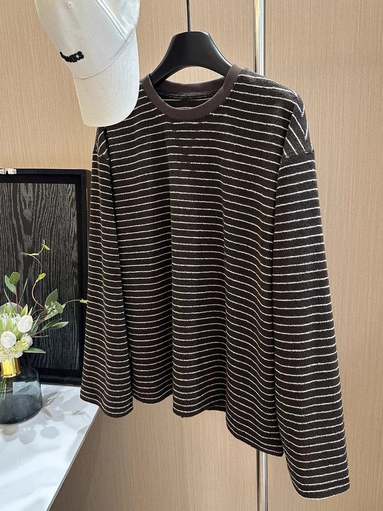 

Autumn Winter Long Sleeve T-Shirt Women's Casual Style Inner Wear Outer Wear Coffee Color Craft Stripe Top Soft Comfortable P...