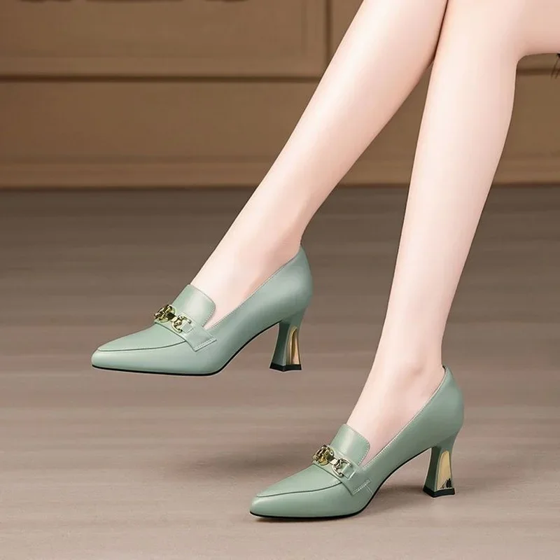 2023 Women Pumps,Leather Spring Shoes,Block High Heels,Fashion British Style,Slip On,Pointed Toe,Black,Green,Dropship