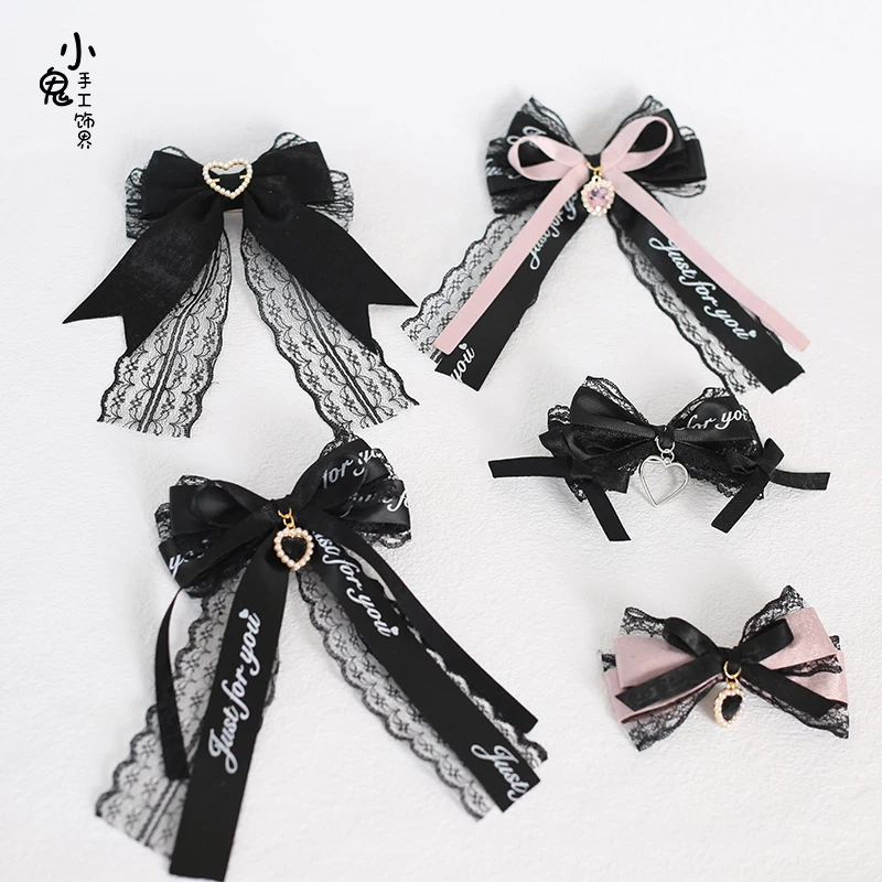 Japanese Girl Heart Pink Black Bow Handmade Hairpin Headdress a Pair of Hairclips Cute Kawaii Hair Accessories