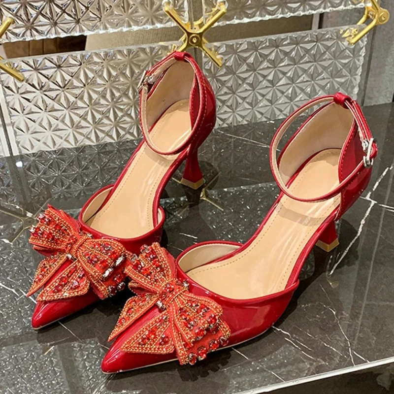 

Luxury Rhinestone Bowknot Embellished High Heels Wedding Bridal Shoes Women Sexy Pointed Toe Ankle Strap Elegant Heeled Sandals