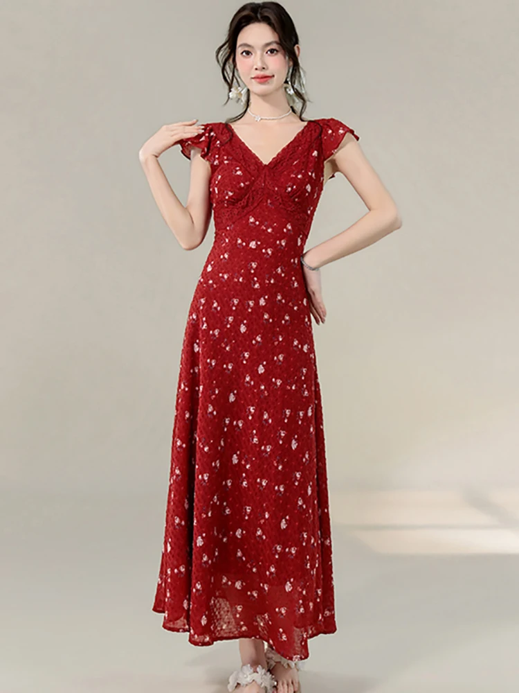 2026 Red Floral Short Sleeve Lace V-Neck Long Dress Women Vintage Luxury Bodycon Dress Gown Summer Korean Elegant Evening Dress