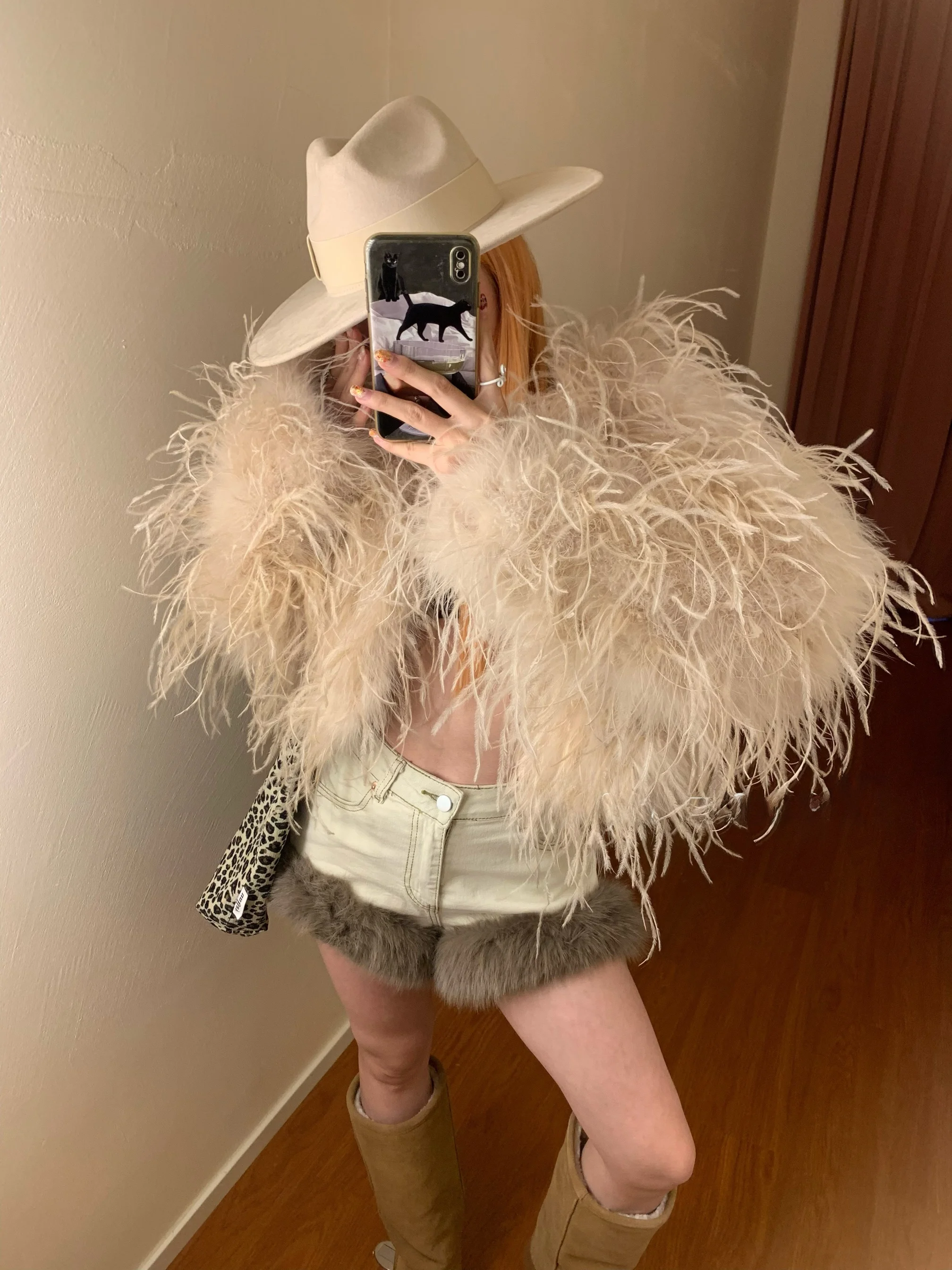 

Hang Dr Girl ort Ostrich Feather Coat Women's Faionable Tan Winter Jaet Thiened Stand Version Long Sve