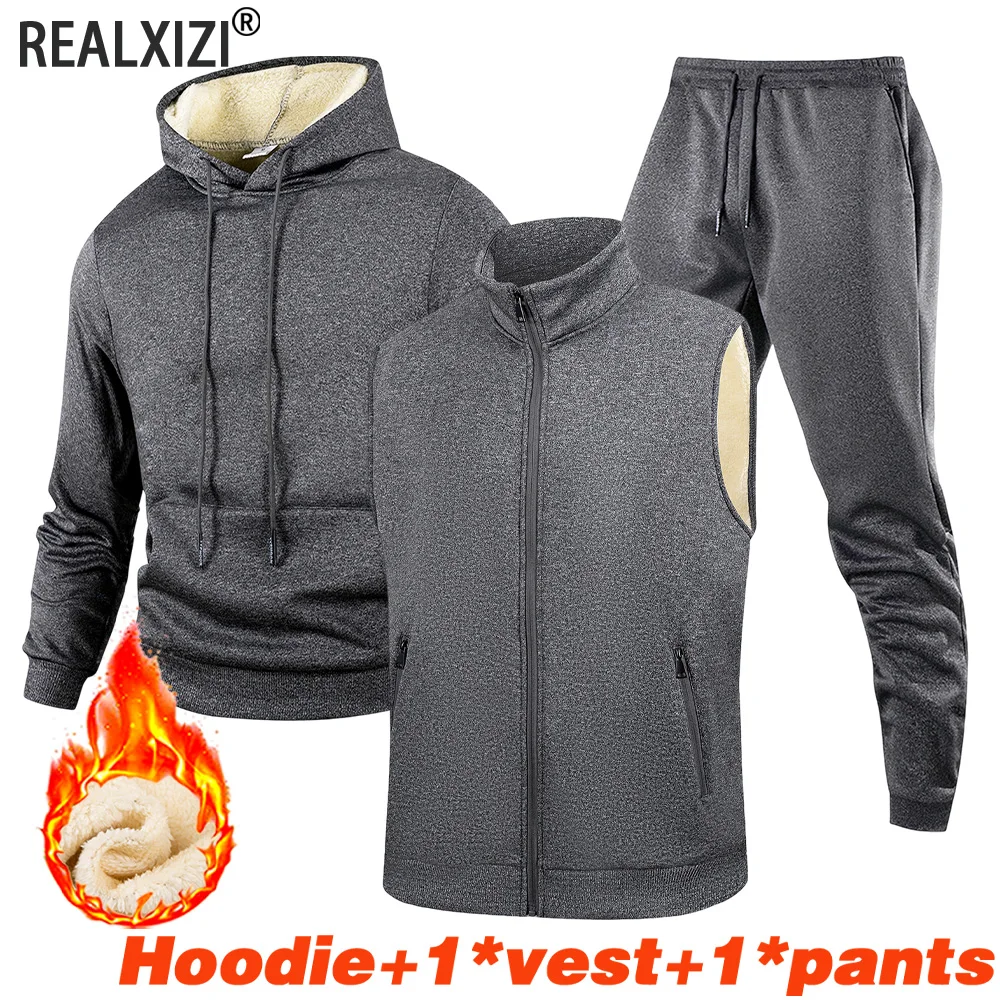 

Men's Autumn and Winter Warm Tracksuit Daily Casual Sports Hoodie+Vest+Pants 3-piece Set Outdoor Jogging Running Male Sportswear