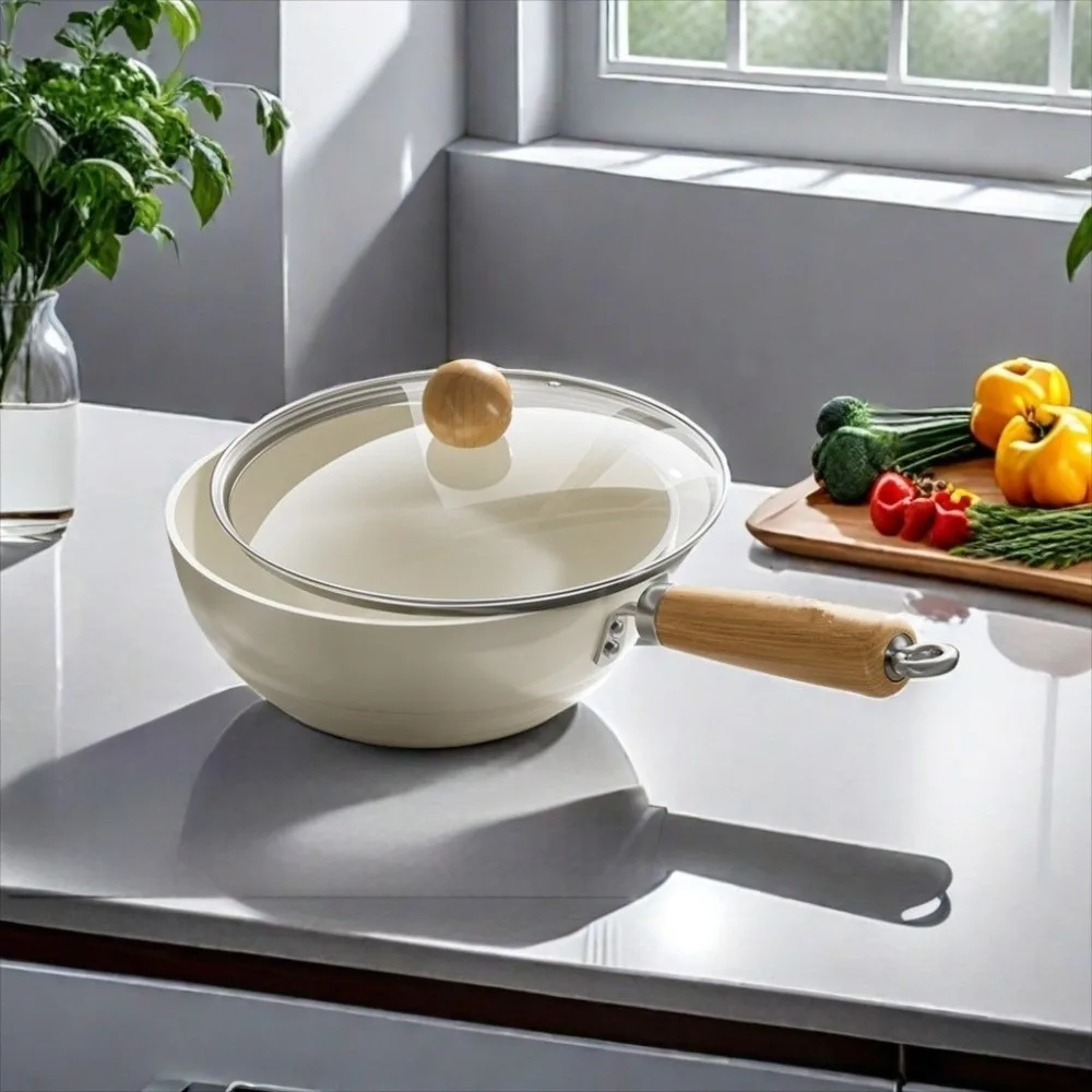 

White 20/24cm Frying Pan Wok Non Stick Wooden Handle Saucepan Sauce Pot Uncoated with Lid Ceramic Cooking Pot Kitchen Cookware