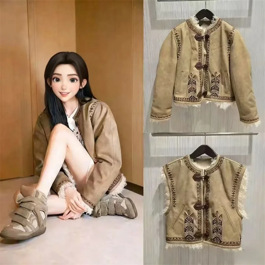 

【Gift Free】2025 Autumn Winter Ethnic Style Embroidered Faux Fur Lined Suede Vest Short Jacket Women