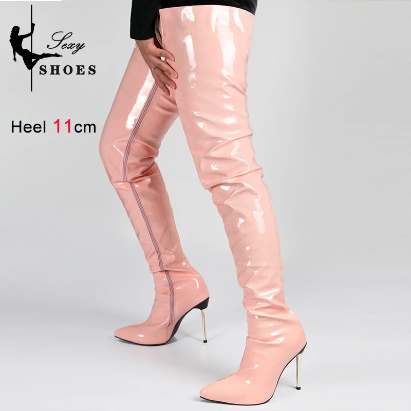 2023 Over-the-knee Shiny Women\'s Boots Patent Leather Thigh High Boots Girl Shoes Sexy Fetish Zipper Pointed toe 11cm High Heels