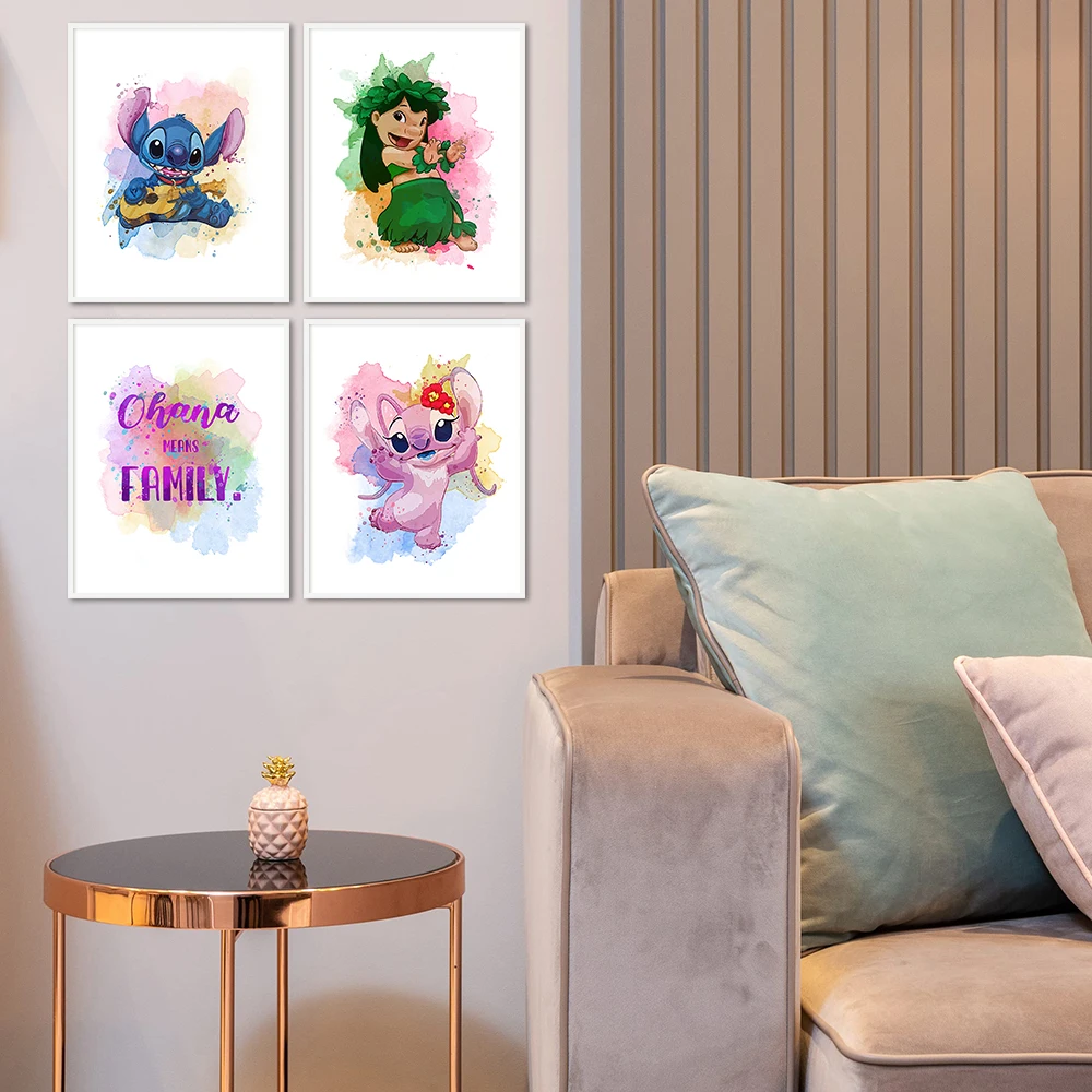 Lilo & Stitch Watercolor Painting Print Canvas Poster Nursery Wall Art Ohana Means Family Pictures Kids Room Home Decor Cuadros