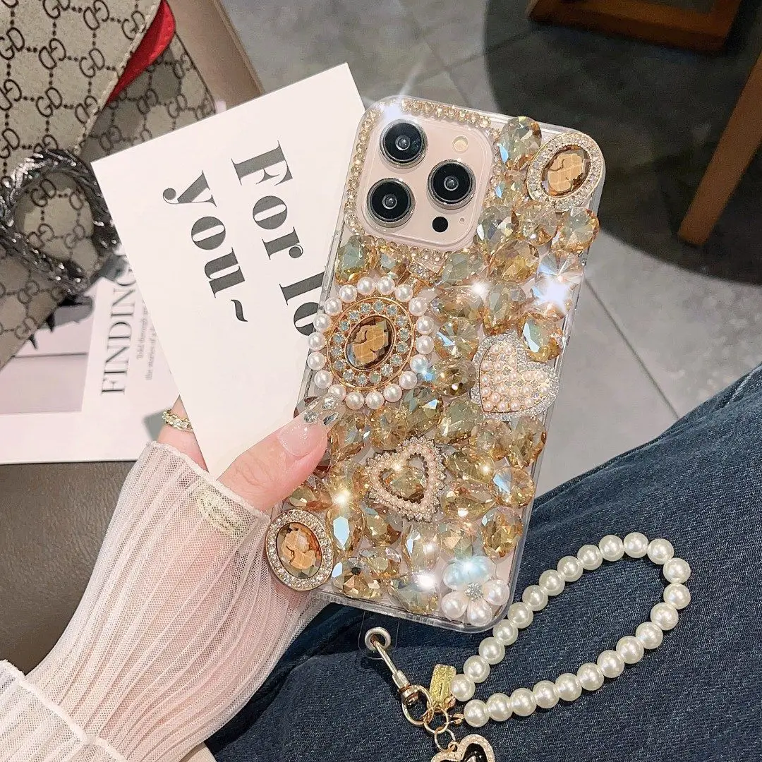 For iPhone 15 Pro Max Bling Diamond Pearl Chain Phone Case For iPhone 15 Pro max Glitter Rhinestone Cover image 2