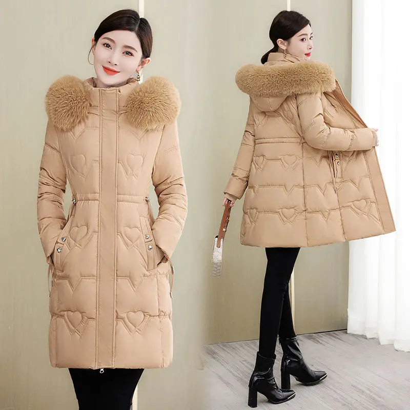 

Winter Coat Women Fashion Mid Length Slim Fit Thicke Warm Large Wool Collar Hooded Cotton-Padded Clothes Coats Outerwear Female