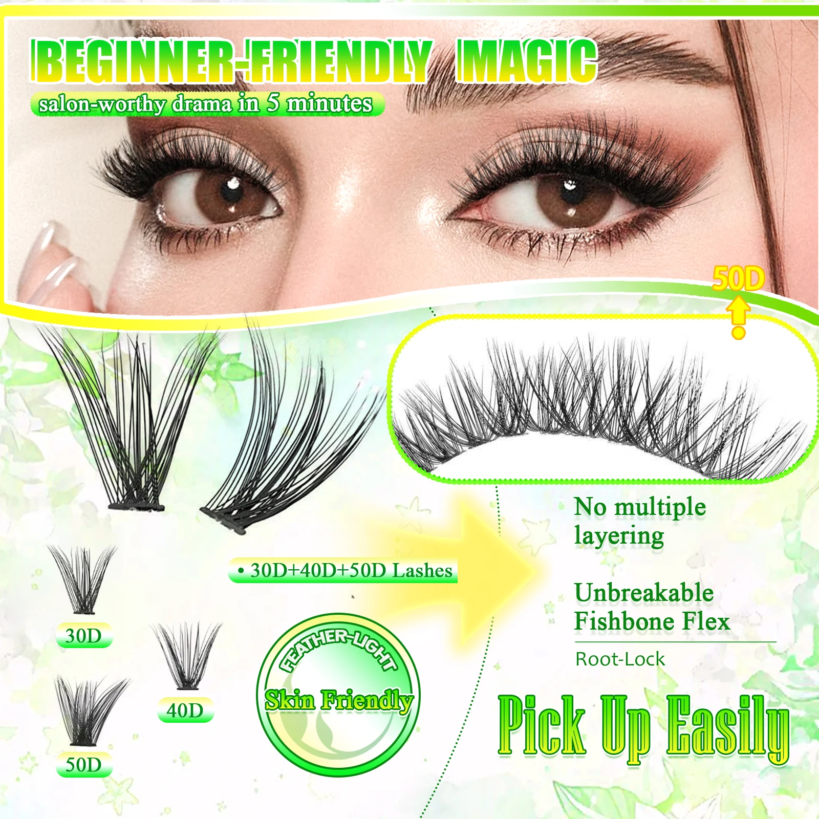 640PCS DIY Lash Clusters Kit 30D 40D 50D D Curl 8-16mm Wispy Fluffy Natural Individual Eyelash Extensions Volume Lashes Soft