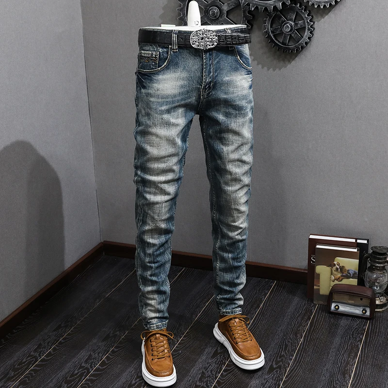 

Fashion Designer Men Jeans High Quality Retro Washed Blue Stretch Slim Fit Ripped Jeans Men Italian Vintage Casual Denim Pants