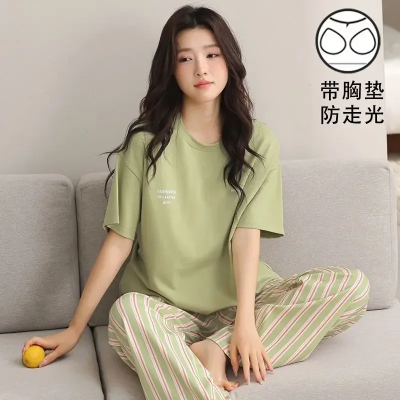 With Chest Pad 2025 Popular Pajamas Women's 100% Cotton Summer Short Sleeves Loose Loungewear Moisture Wicking Plue Size