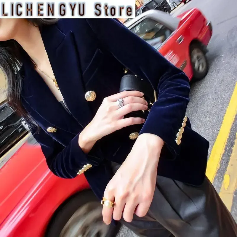 Fashion Brand Spring Women Slim Velvet Blazer Jacket Double Breasted Simple Lady Blazers High Grade OL Clothing