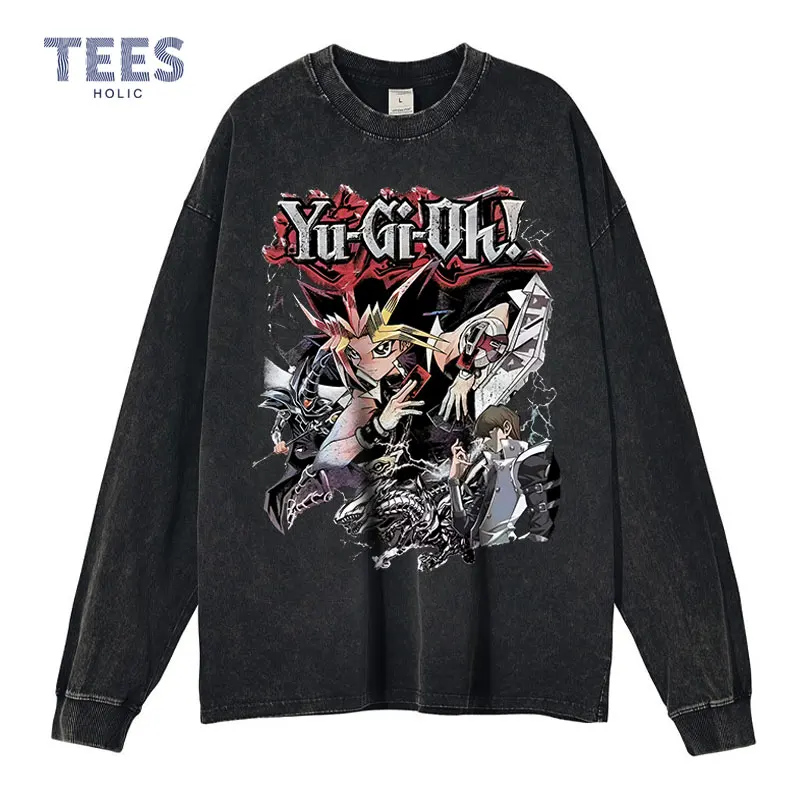 

Yugi Muto Sweater Vintage Washed Anime Yu Gi Oh Long Sleeve T shirts Sweatshirts Oversized Pullover Tops Tees Men 100% Cotton