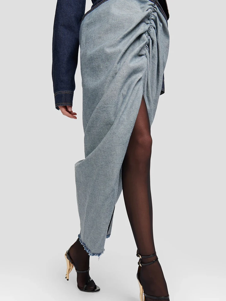

Temperament elegant high open fork denim skirt y2k fashionable versatile pleated Slim Ms. half-body skirt 2024 summer new