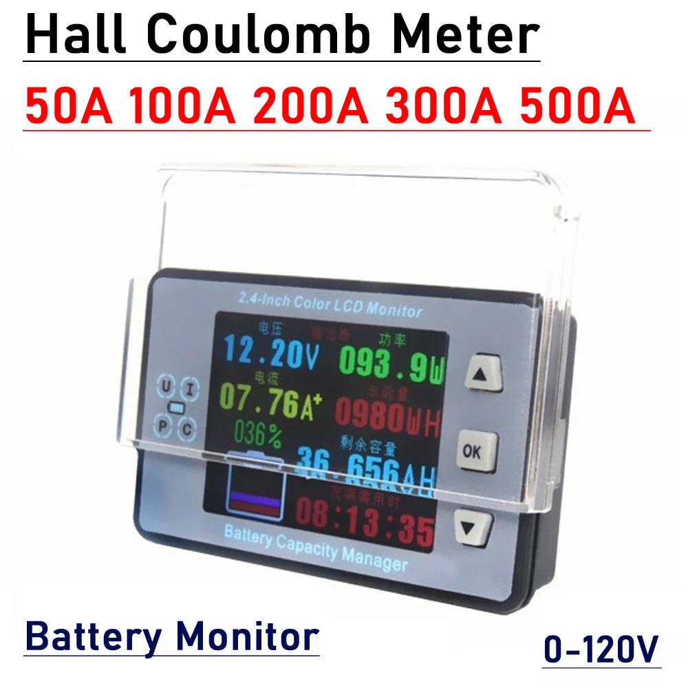 Hall Coulomb Meter Lithium Battery Monitor Capacity POWER Display Charge Discharge 12V 24V 48V 60V Li-ion Lifepo4 Lead-acid BMS