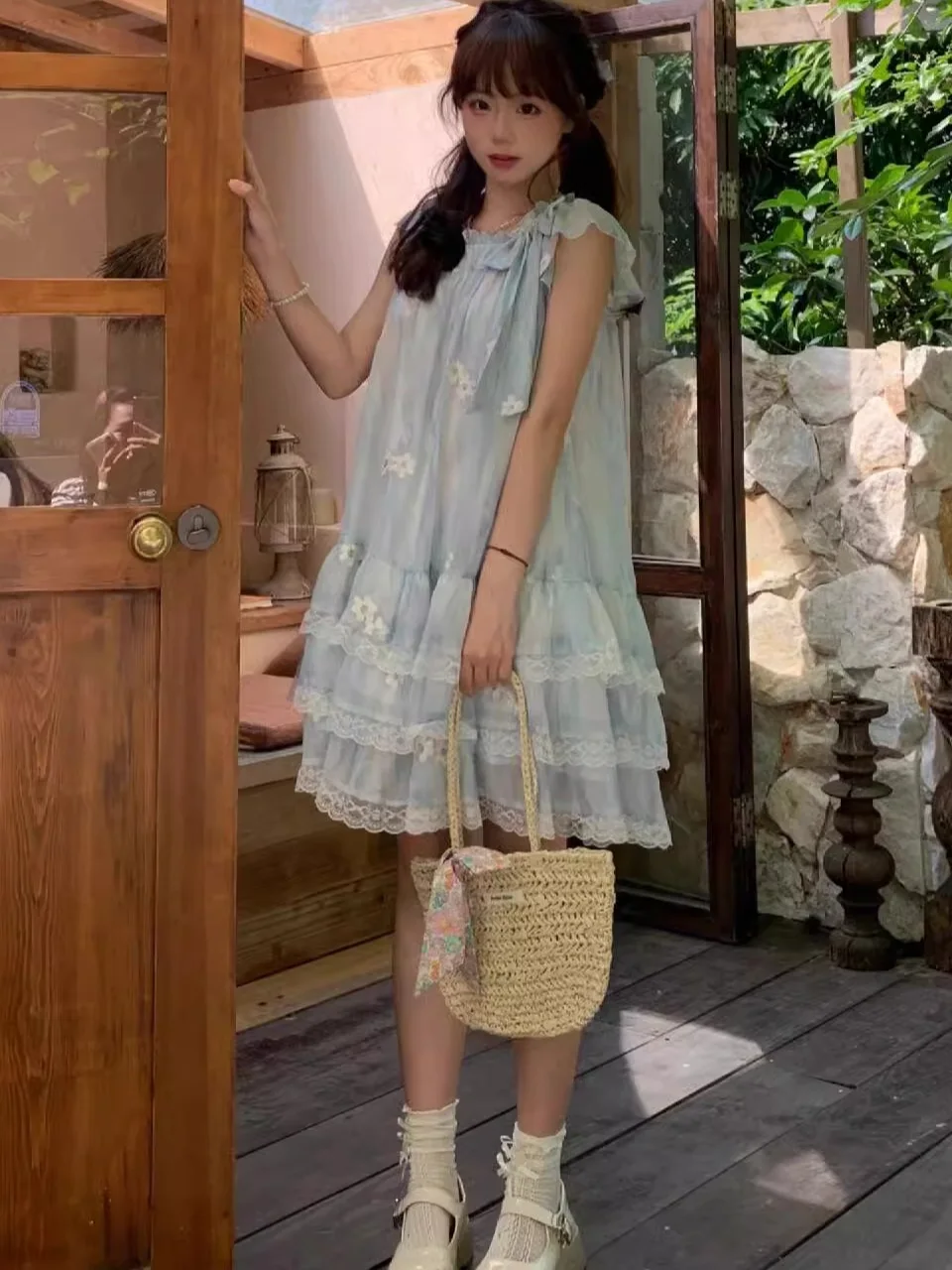 Bleu imprimé fleuri coupe ample été Dr femmes 2025 nouveau Sle petite taille Agel Svel Princ robe noeud