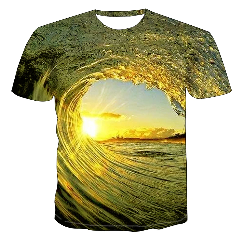 3d Wave Landscape Color Printing Men\'s And Women\'s T-shirt Breathable Seaside Scenery Pattern Trend Hip-hop Light Summer