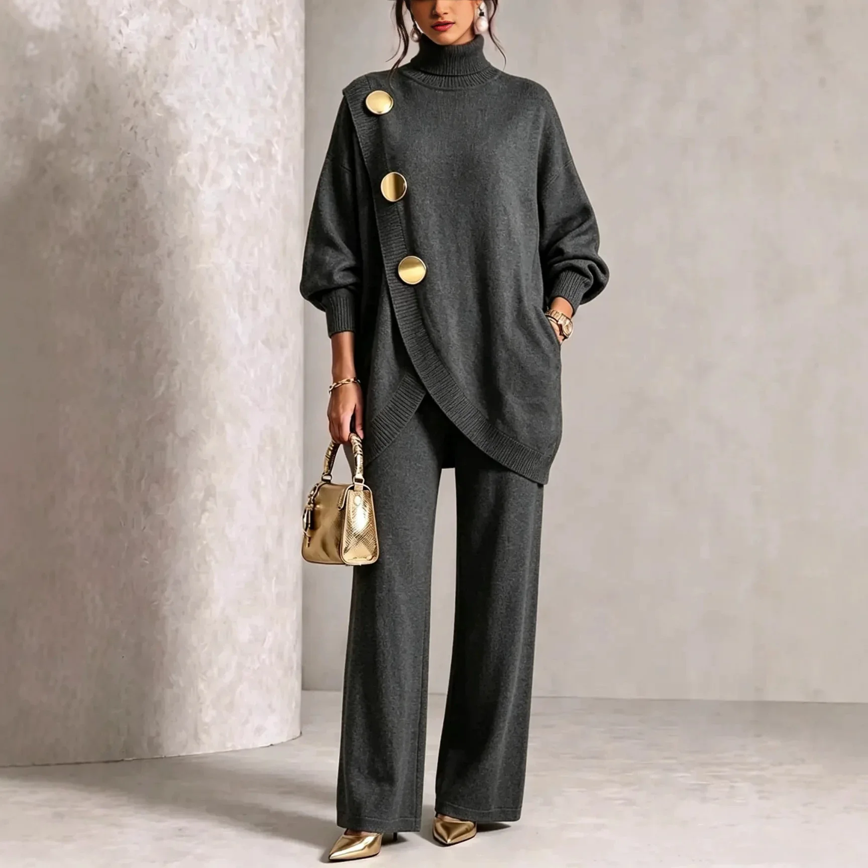 Autumn Winter Metal Button Knitted Two Piece Set Women New High Collar Sweater Wide Leg Long Pant Set Elegant Pullover Suits image 4