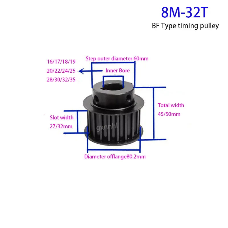 

#45 Steel BF type 8M 32Teeth Synchronous Pulley Bore16/17/18/19/20/22/24/25/28/30/32/35mm Belt width 25/30mm timing pulley