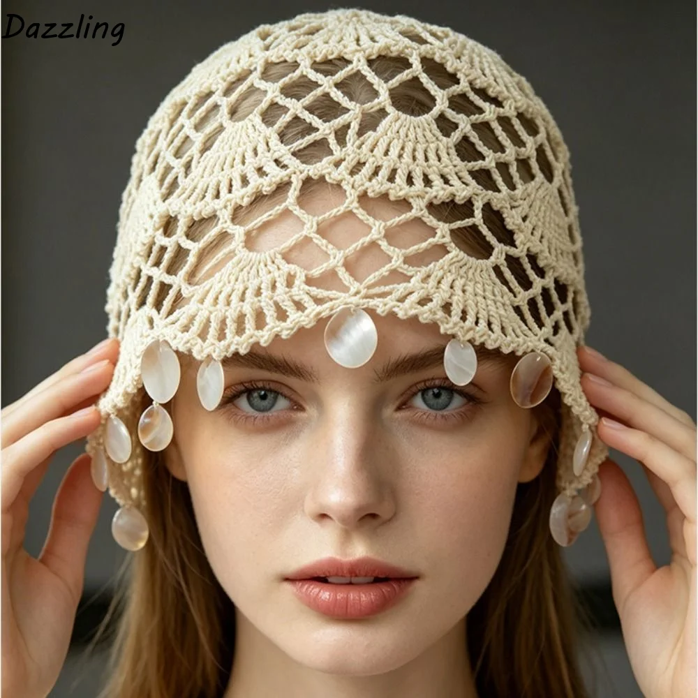 Fashion Elegant Hollowed Out Knitted Hat Thin Solid Color Shell Tassels Hat Ethnic Style Korean Crochet Weave Cap Girls