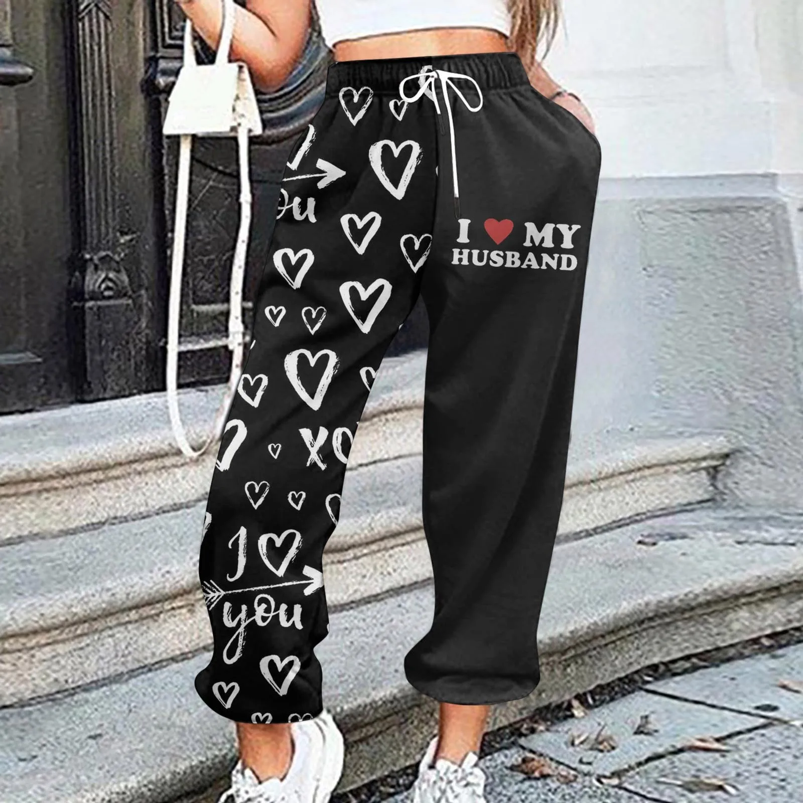 

Women Sweatpants Valentine Day Print Bottom With Pockets High Waist Sporty Gym Athletic Fit Pants Lady Casual Pants Four Season