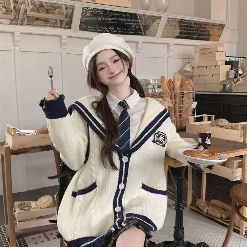 Preppy Style Sweater Cardigan Women Students Autumn and Winter New Design Hole Loose Navy Collar Knitted Tops Female