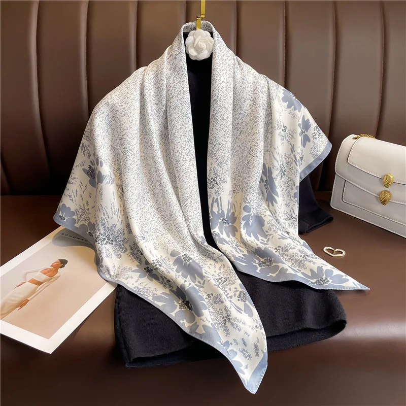 Print Twill Silk 90cm Square Scarf Women Luxury Floral Hair Neckerchief Shawl Wraps Bandanda Hijab Foulard Head Band Echarpe