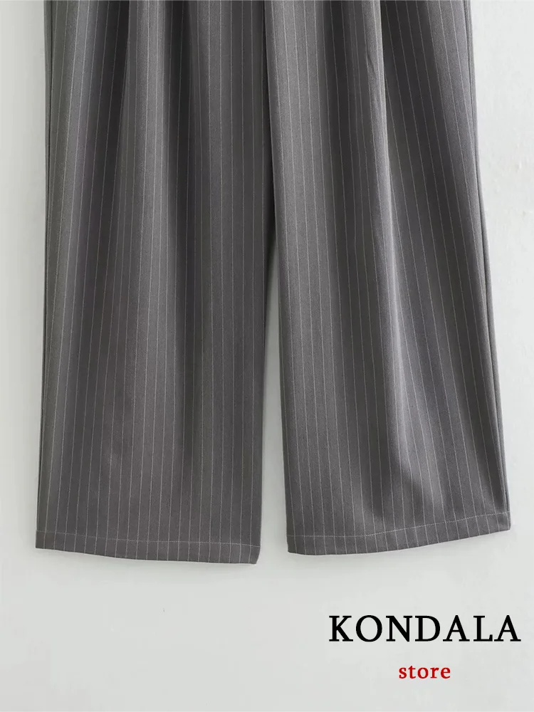 KONDALA Casual Chic Gray Striped Women Suit O Neck Blazer Straight Loose Pants New Fashion 2024 Autumn Winter Office Lady  Sets