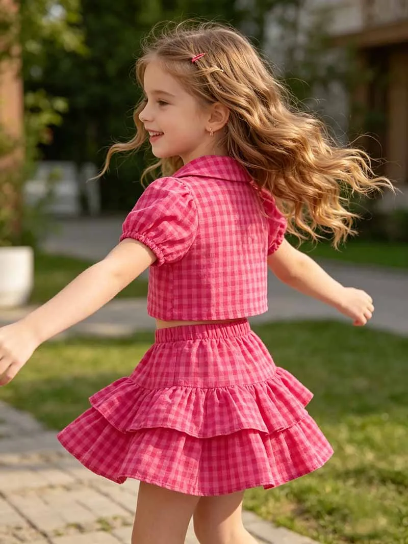 Kids Fashion Summer Suits Girls Trend Plaid Top+Skirt 2Pc Outfits Children Thin Tiered Kilt Button Shirt Sets 2-10 Years Old