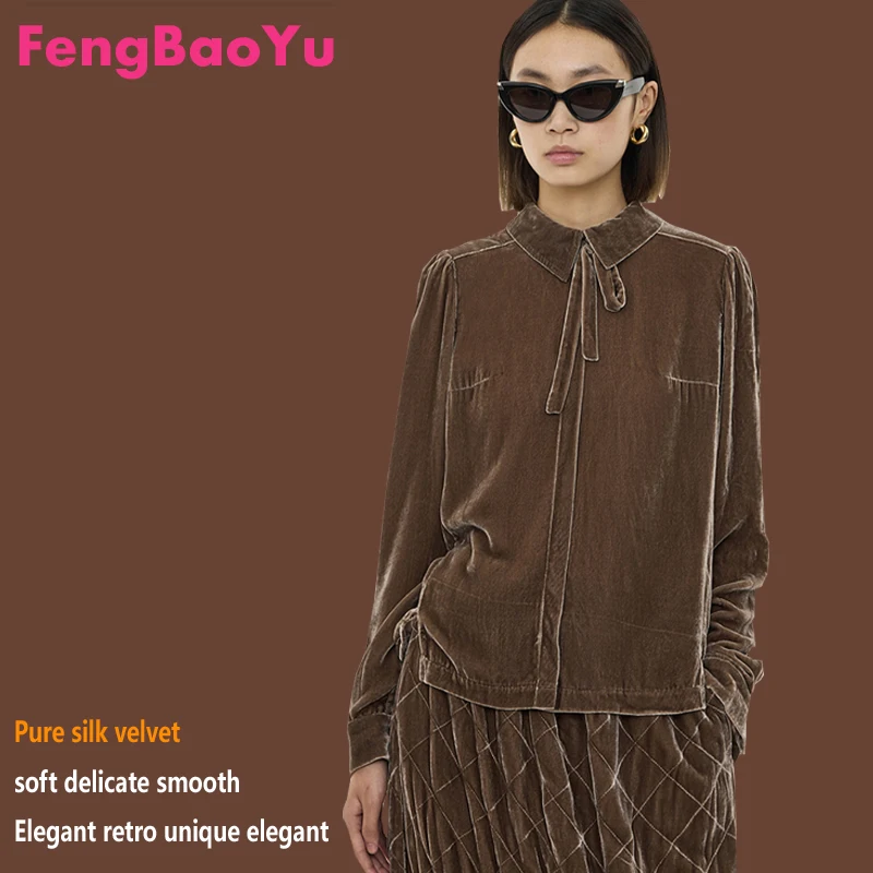 

Женская блузка из натурального шелка тутового шелка с длинными рукавами и отложным воротником, в стиле ретро. Удобный, мягкий