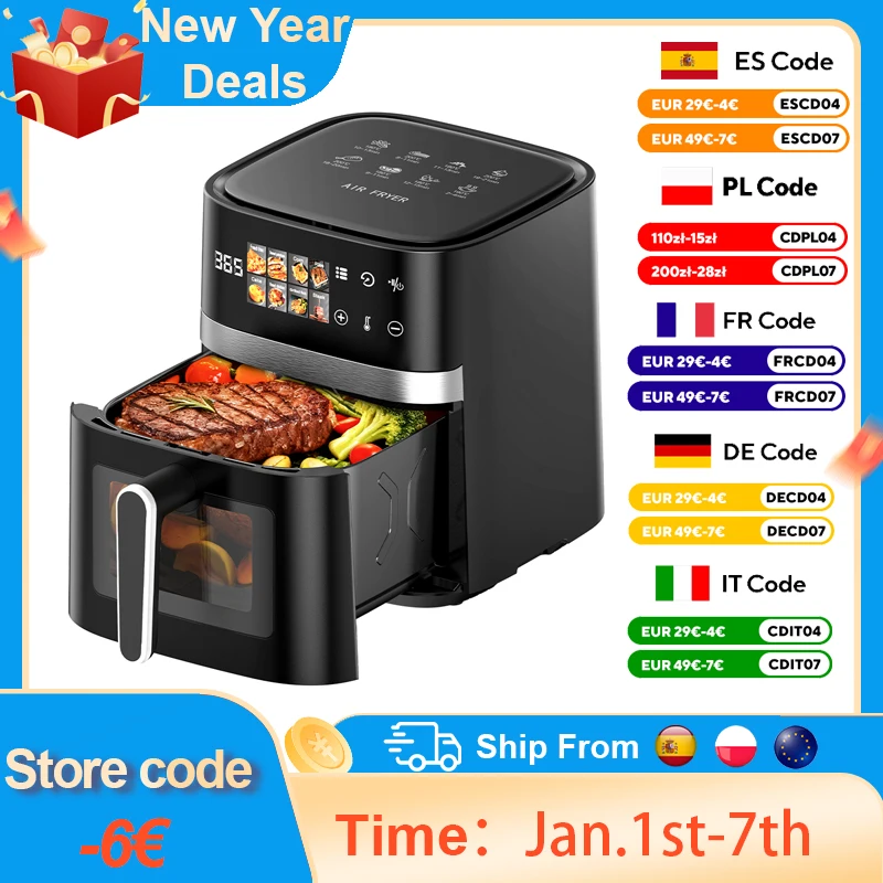 Friteuse à air Patbrela 5,5 L 8 en 1 Max 200 ° Four à friteuse électrique C, cuiseur sans huile avec commande tactile, panier antiadhésif et fenêtre visible