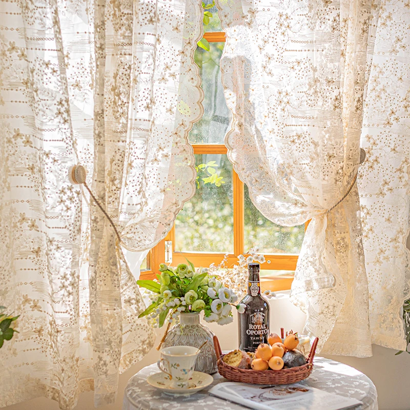 Lace Gauze Tulle French Cream White Elegant Double Layer Pastoral Half Curtain Short Curtains Partition Door Rod Pocket 1pc Door