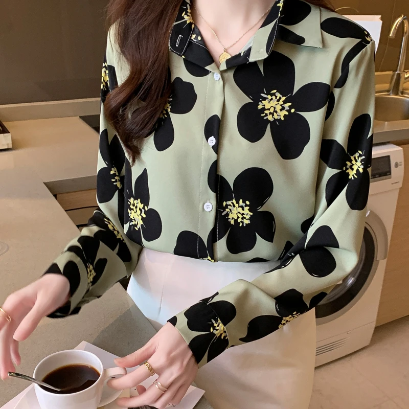 Women Spring Fashion Office Lady Loose Floral Polo-Neck Long Sleeve Shirts Women Clothes Casual All-match Appear Thin Trend Tops