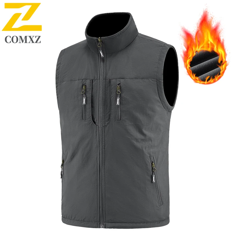 

2025 Men Winter Fleece Outdoor Vest with Multiple Pockets Hunting Hiking Travel Delivery vest Stand Collar Casual Waistcoat