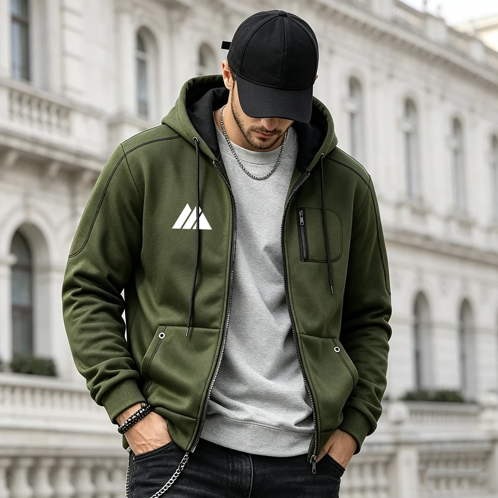 Men's Long Sleeve Hoodie Jacket Chest Zipper Pocket Triangles Print Casual Full Zip Up Outerwear For Daily Sports Workout