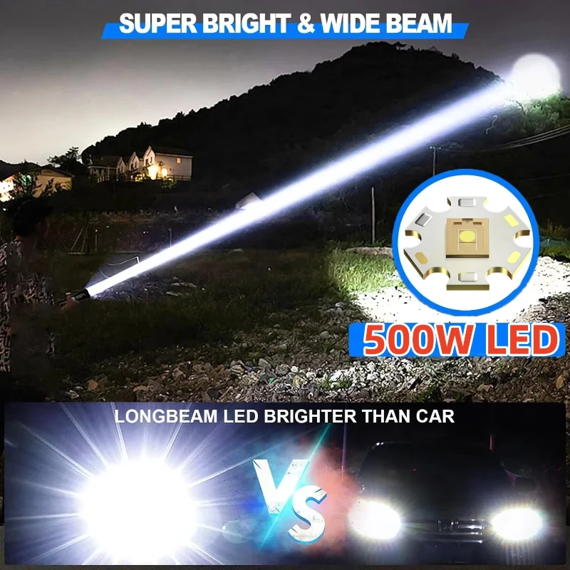 ハイパワー充電式LED懐中電灯,戦術懐中電灯,超強力,キャンプ用,1000000lm,500w,5000mah