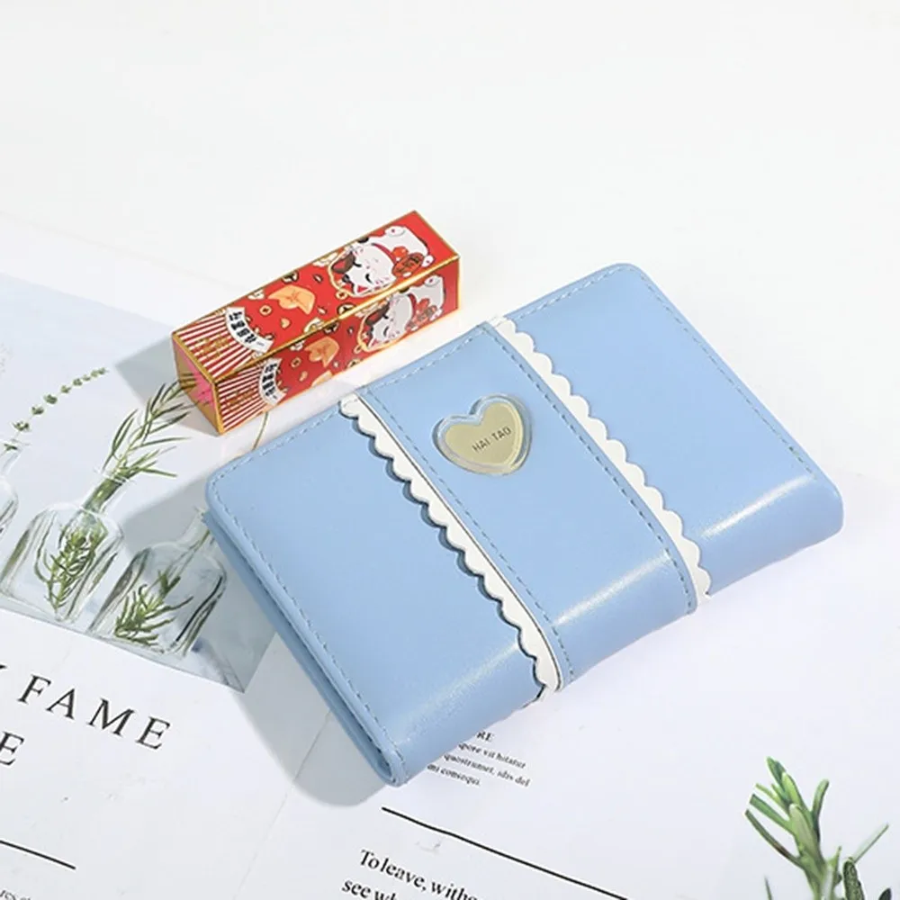 Elegancki damski portfelik z krótkim zamkiem, wzór serca, skóra PU, składany, biznesowy, w kolorze cukierkowym, wodoodporny, na karty bankowe/identyfikacyjne/kredytowe, dla kobiet.