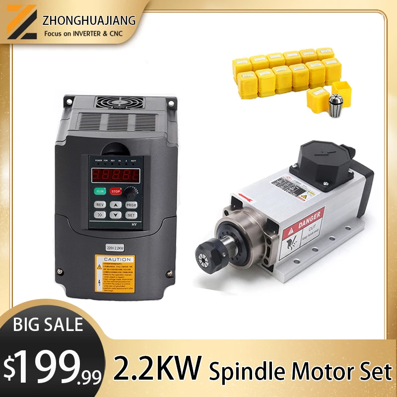 

2.2KW Air-cooled Square Spindle Motor Kits 2.2kw 220V Frequency Drive Inverter + 2200w Spindle + ER20 Collet Set CNC motor