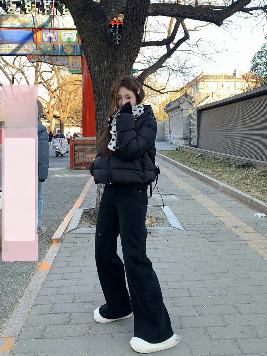 

Утепленные джинсы прямого кроя на флисовой подкладке для женщин, новые зимние, с высокой талией, из хлопка, повседневные, однотонные, на молнии