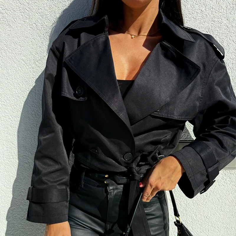 Elegant Lapel Double Breasted Short Jacket Winter Women Fashion Lace-up Waist Solid Outerwear Fall Casual Long Sleeve Slim Coats
