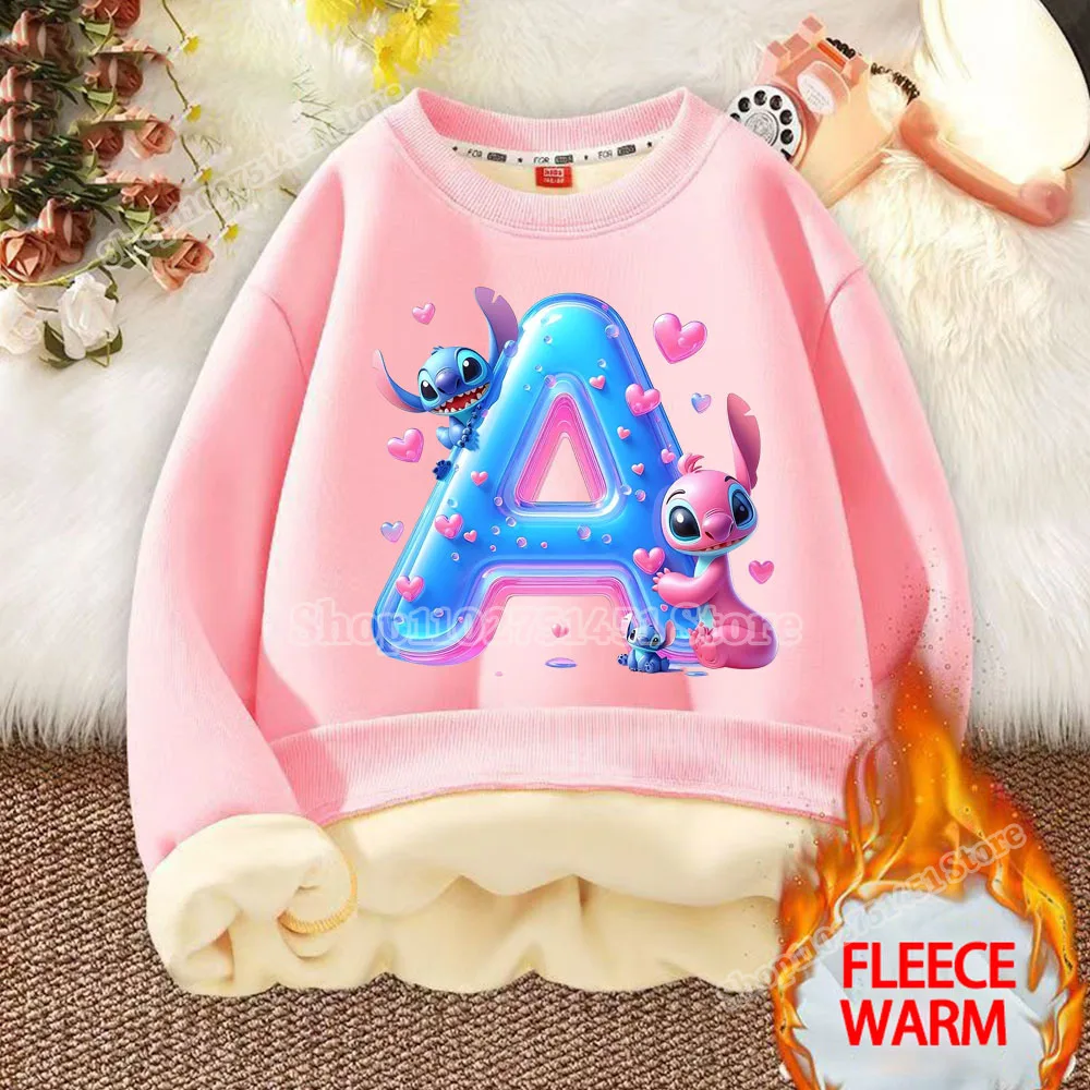 Cartoon Disney Stitch Lamb Wool Sweatshirts Kids Kawai Letter Print Winter Warm Pullover Girls Fleece Tops Round Neck Sweaters