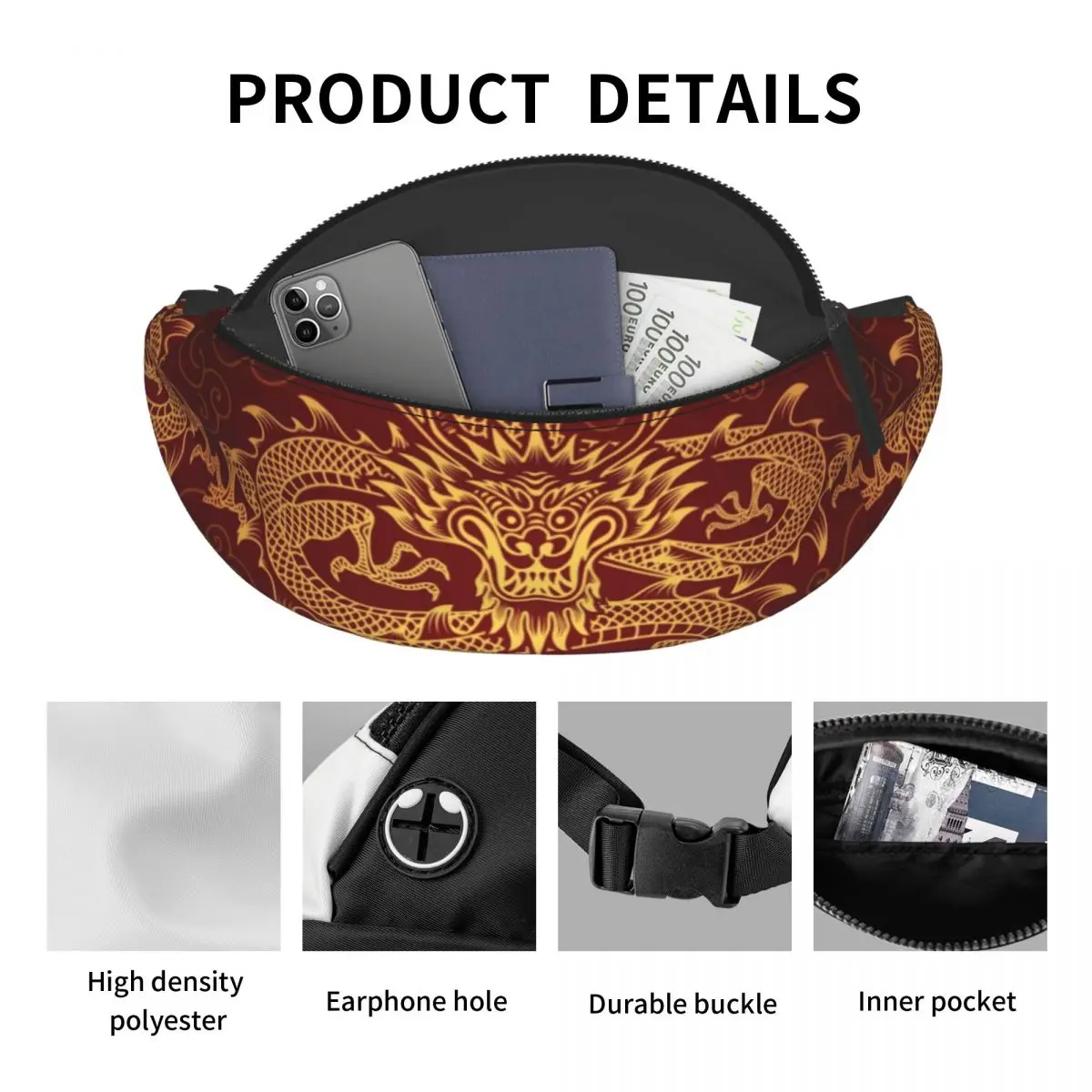 Red Japanese Dragon Pattern Fanny Pack for Men Women Fashion Asian Oriental Art Crossbody Waist Bag Traveling Phone Money Pouch