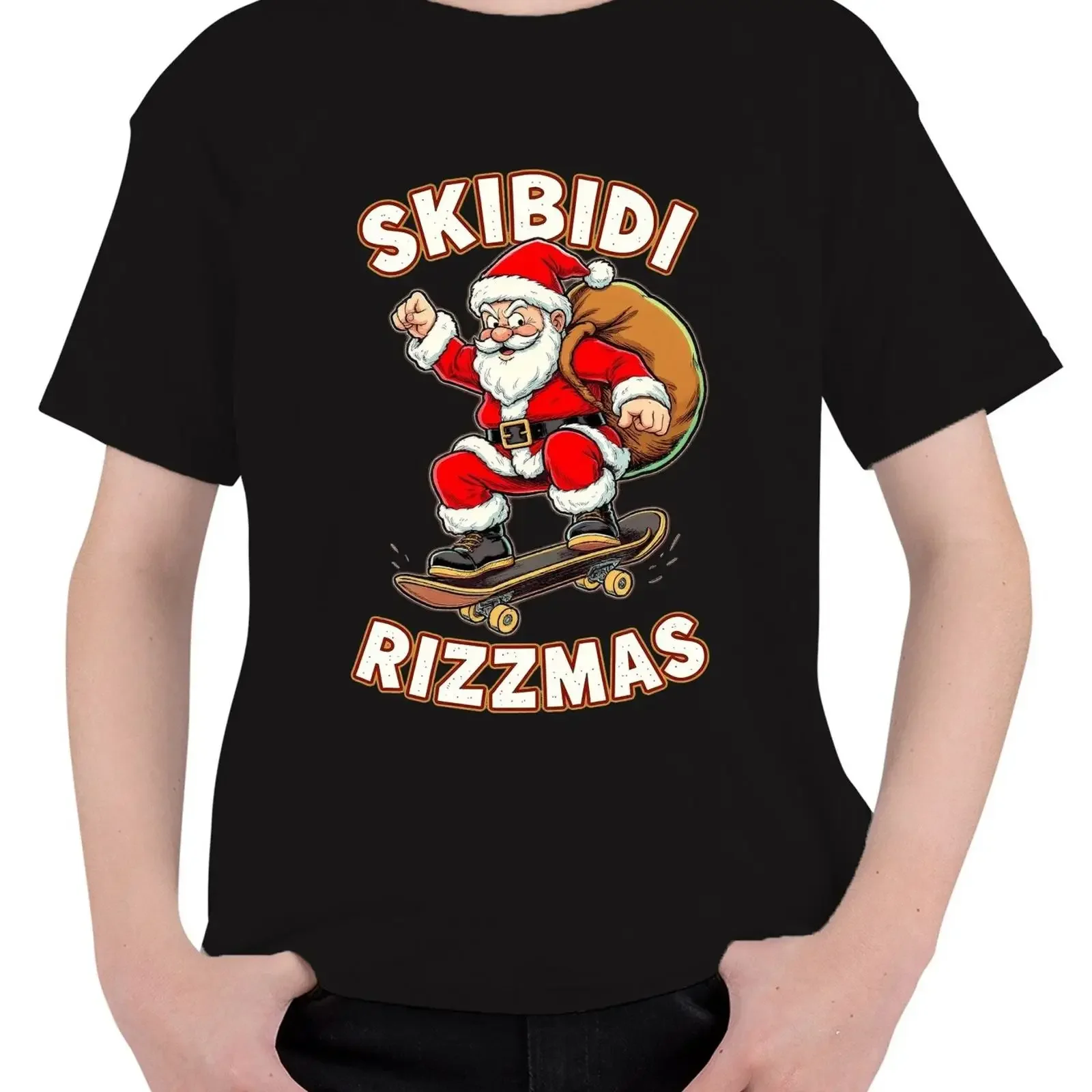 SKIBIDI RIZZMAS Santa Claus Skateboard Christmas Skater Kids T Shirt vintage Washed Casual fashion Versatile streetwear