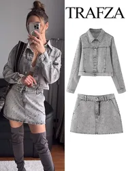 TRAFZA Fashion able Faux Pearl Embellished Women's Short Denim Jacket 2-piece Set Retro Women's Elegant Zipper A-Line Mini Skirt