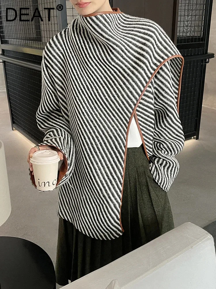 DEAT Fashion Women Stripe Wool Jackets Scarf Collar PU Leather Edging Contract Color Loose Shawl Jacket Winter 2024 New 7AB2025