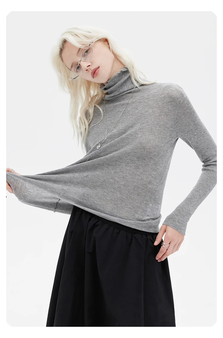 Maglione da donna nuovo primavera e autunno, maglione a collo alto da pendolarismo alla moda slim fit con paillettes grigio chiaro