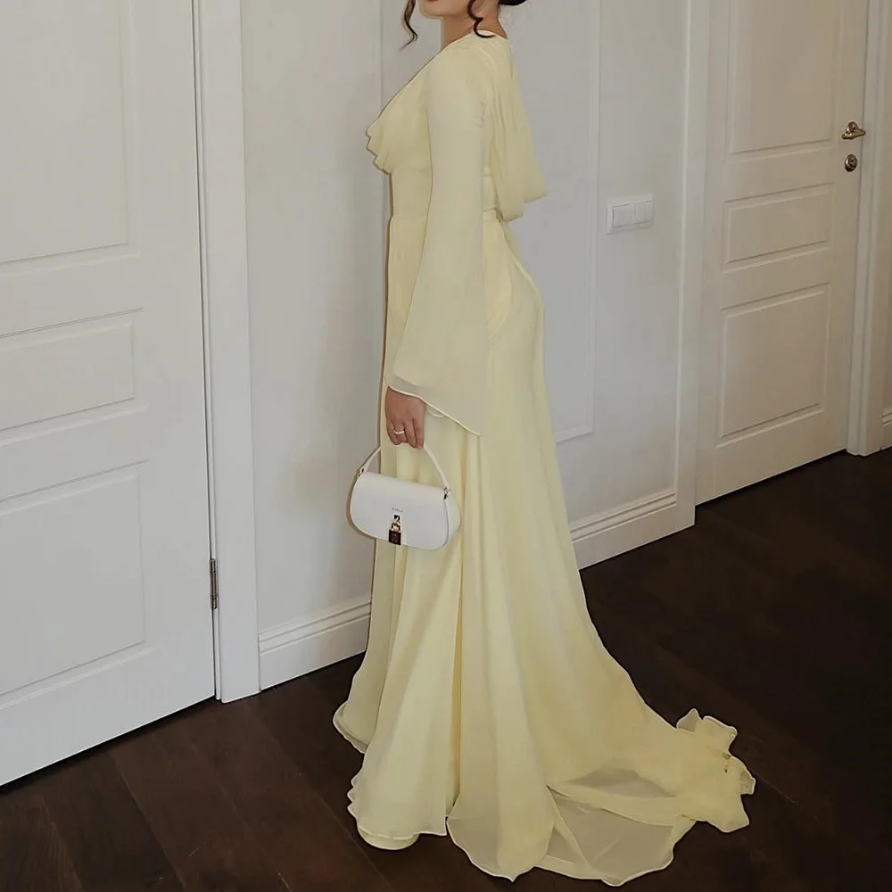 Long Sleeves A-Line Floor Length O-neck Chiffon Evening Dress Panel Train High Quality Photo Color Temperament Party Gowns