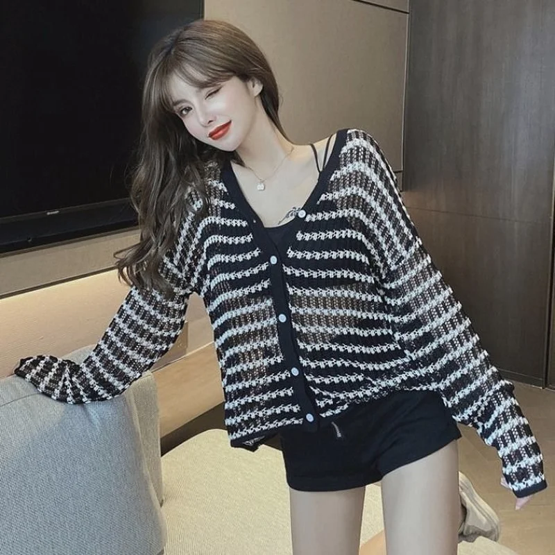 Cardigan Women Hollow Out Design Trendy Sexy See-through Autumn New Striped Leisure All-match Korean Style Ladies Basic Knitwear