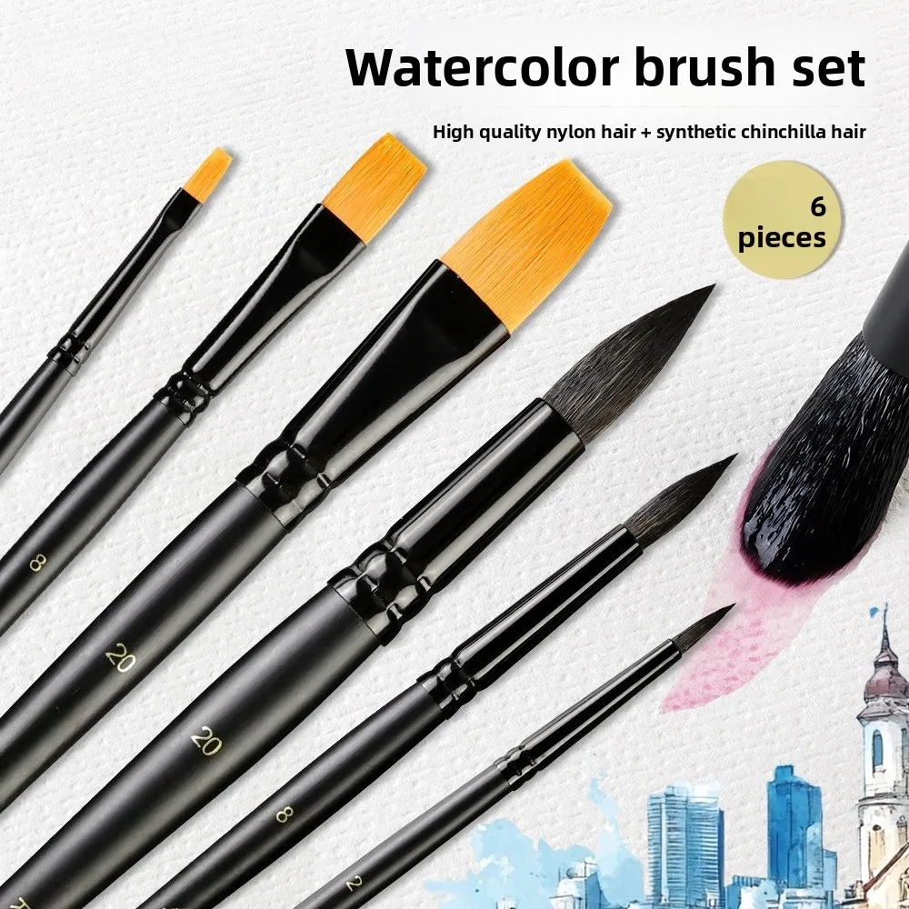 High Quality Gray Mouse Hair Watercolor Brush Set Round Headed Nylon Fur Animal Fur Acrylic Pigment Professional Paintbrush 6pcs